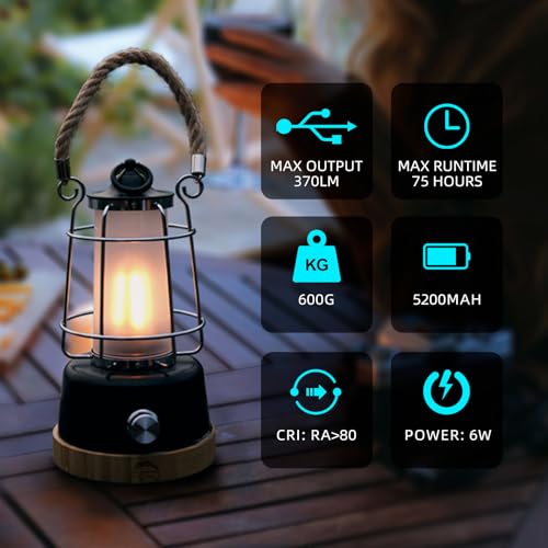 HARPER LIVING Rechargeable Camping Light, LED Retro Water Resistant Lantern, 5000mAh Power Bank, Dimmable Tent Light Rechargeable Lanterns for Living Room, Camping, Fishing, Hiking, Power cuts