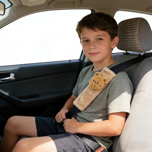 Image of Baby Car Seat Neck Cover, Baby Strap Pad, Car Seat Strap Cover, Car Seat Belt Cover Boy Girl, Baby Neck Pad, Car Strap Pad Fleece, Belt Pad Plush Doll, Seat Belt Pads (Bear Doll in Brown Fleece)