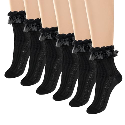 Giantree 3 Pairs Women Frilly Lace Ankle Ruffle Socks, Soft Comfortable Cotton Cute Princess Lolita Socks (Black)