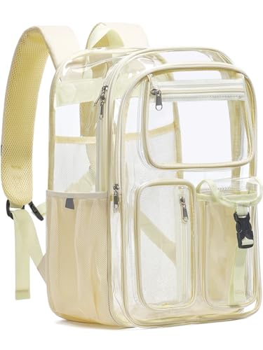 Image of Double-Layer Clear Backpack Heavy Duty, 17 Inch Large Clear Bookbag, Transparent See Through Backpack For School, Work, College, Travel, Sport- Beige