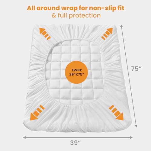 MATBEBY Twin Size Mattress Pad - Cooling Breathable Mattress Topper, Quilted Fitted Mattress Protector, Pillow Top Mattress Cover with 8-21" Deep Pocket, Soft, Machine Washable, White, 39x75 Inches