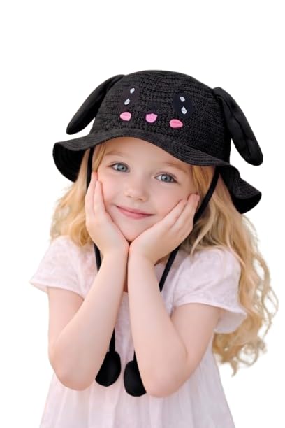 Image of FabSeasons Kids Cute Straw Sun Hat with Moving Ears (Ages 4-8 Years) | UV Protection, Wide Brim, Foldable, Beach Bucket Cap | Girls & Boys Breathable Summer Sun Hat with Inner Adjustable String