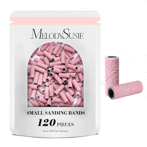 MelodySusie 120 Pcs Nail Drill Bits Small Sanding Bands for 3.1mm Mandrel Bit 180 Fine Grit Nail File for Acrylic Nails Gel Manicures and Pedicure Pink (Only Sanding Bands)