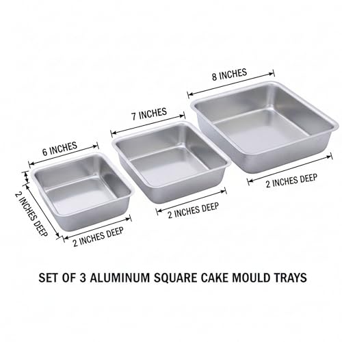 Image of Square Cake Tin Set | 6 Inch + 7 Inch Aluminium Cake Moulds | Deep 2 Inch Baking Trays for Oven & OTG | Heavy Aluminium Cake Pans for Baking, Brownies, Bar Cakes, Layered Cakes & Home Baking Tools