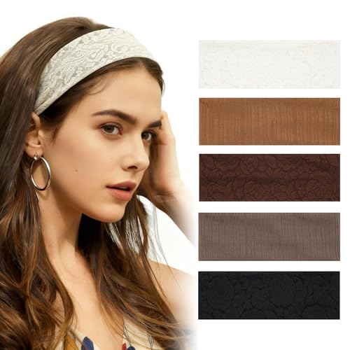 Aranya Elegant Floral Lace Headbands for Women 5pcs Decorative Soft Stretchy Fabric Hair Accessories for Weddings Parties & Romantic Styling (Lace Collection)