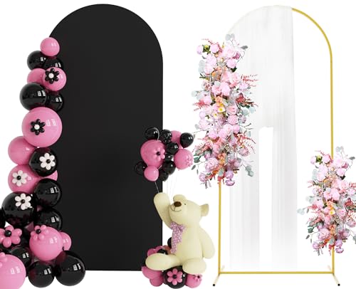 Putros 6ft Metal Arch Stand with Cover Black Spandex Fitted Wedding Arch Cover and Round Top Chiara Backdrop Stand Set for Birthday Party Baby Shower Decoration