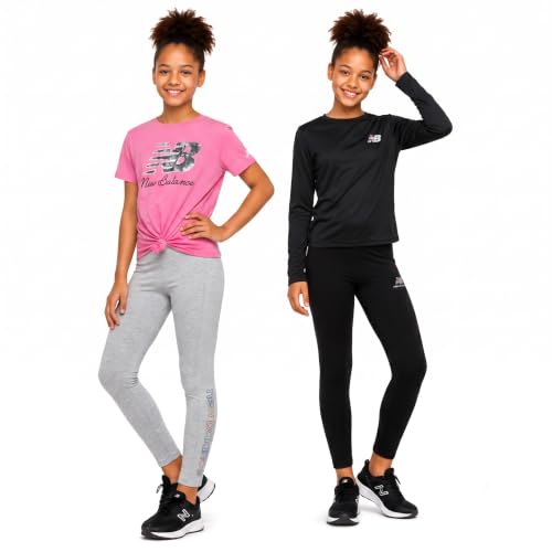 Image of New Balance Active Girls Legging Set - 4 Piece Athletic Short Sleeve Shirt, Long Sleeve Shirt & Activewear Girls Leggings Set