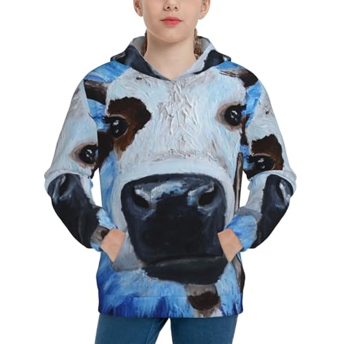 White Cow On Blue Oil Painting Kid Hoodies Boys Sweatshirts Girls Pullover with Pocket