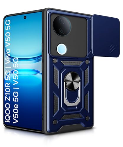Image of WOW IMAGINE Tough Armor Bumper Mobile Back Case for iQOO Z10R 5G | Vivo V50 5G | V50e 5G | Sliding Camera Cover | Shock Proof 360 Protection | Hybrid PC + TPU | Ring Holder with Kickstand - Blue