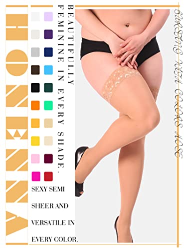 Image of HONENNA Plus Size Thigh High Stockings, Semi Sheer Stay Up Lingerie Lace Top Pantyhose for Curvy Women