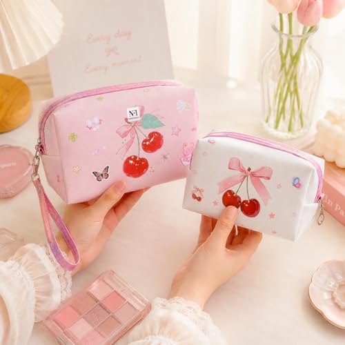 Image of NFI essentials Pack of 2 Cherry Print Makeup Pouch for Women & Girls, Multipurpose Cosmetic Organizer Bag with Wrist Strap & Zipper Closure, Portable Toiletry Travel Pouch for Makeup, Skincare
