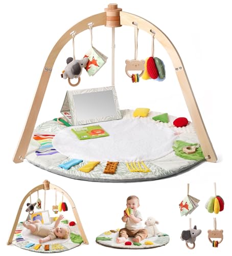 Image of Macabaka Wooden Baby Play Gym & Tummy Time Playmat – Montessori Sensory Activity Mat with 6 Developmental Toys for Fine Motor Skills – for Newborns to Toddlers (0–12M+)
