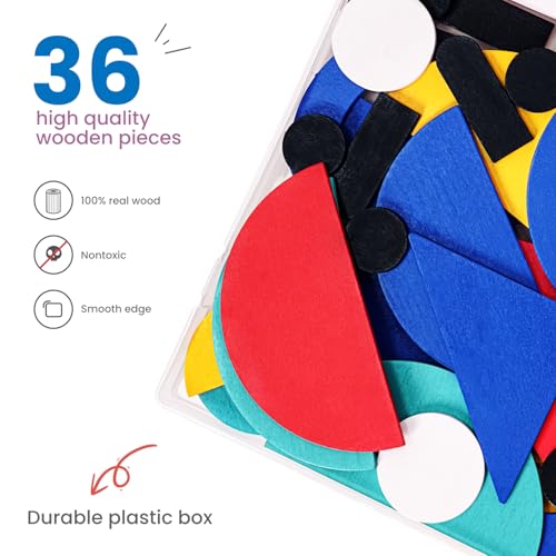image for LiKee Open Ended Wooden Shape Puzzles (36 Blocks&60 Cards) for Toddler