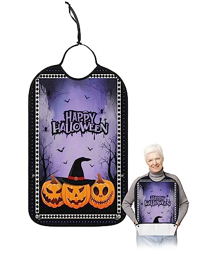 Halloween Adult Bibs for Eating, Waterproof Bibs with Food Catcher & Adjustable Snap Closure, Purple Pumpkin Bat Rustic Black White Plaid Washable Clothing Protectors Adult Bibs for Elderly Women/Men