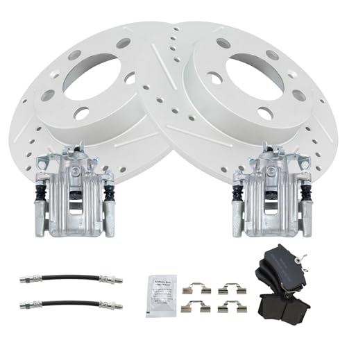 Image of TRQ Performance Rear Brake Pad and Rotor Set Semi Metallic Slotted Drilled G Coated Rotors Calipers Compatible with 1999 Volkswagen Jetta