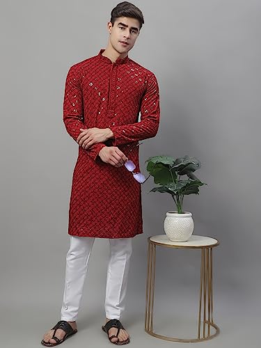 Image of Jompers Men's Chikankari Rayon Regular Fit Embroidered and Sequence Kurtas Only