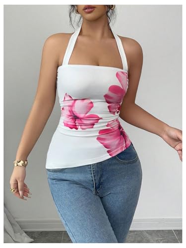 SOLY HUX Women's Floral Print Halter Tank Top Sleeveless Backless Ruched Asymmetrical Hem Summer Tops3