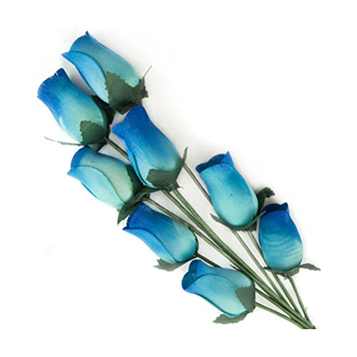 Homestreet Wooden Roses In Many Colours - 8 Single Rose Bud Stems Tied In A Bunch - Quality Small Flower Display (Teal/Blue Tip)