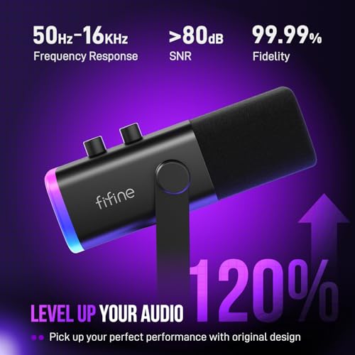 fifine usbxlr dynamic microphone for podcast recording pc computer gaming streaming mic with rgb light mute button headphones jack desktop stand vocal mic for singing youtube-ampligame am8