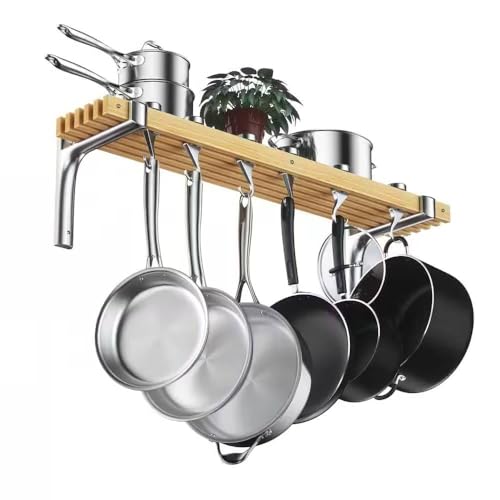 36-inch x 8-inch Wall Mounted Metal Wood Pot Rack with 6 Swivel Hooks New