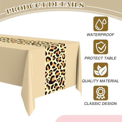 Image of Buryeah Leopard Print Tablecloth 54 x 108'' Leopard Plastic Table Cover Disposable Safari Animal Cheetah Print Party Decorations for Baby Shower Wedding Birthday Party Favors (Khaki,3 Pcs)