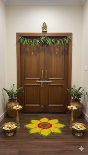Image of Handmade Lotus Rangoli Mats Set of 4 Washable & Reusable Rangoli Mat for Quick Home Decor| 14.5 x 8 Inch Floral Design for Diwali Navratri Puja Housewarming Wedding Festive Decoration Gift
