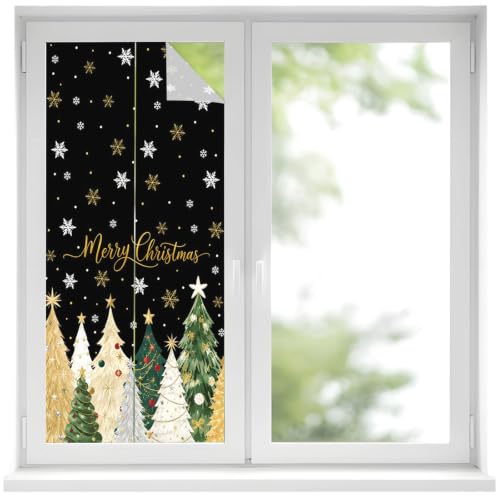 Window Privacy Film, Merry Christmas Stained Glass Films Static Clings, Gold Green Xmas Trees Snowflake Winter Black Bathroom Window Stickers, Non Adhesive Decorative Windows Films, 17.7 x 39.3 in