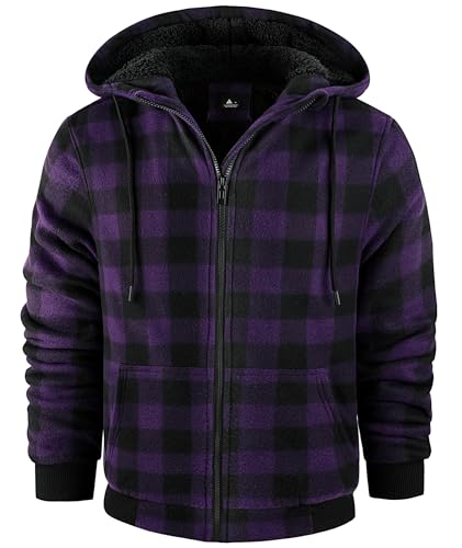 Image of Mens Plaid Hoodies Winter Zip Up Fleece Jacket Sherpa Fleece Lined Warm Flannel Jacket Coat