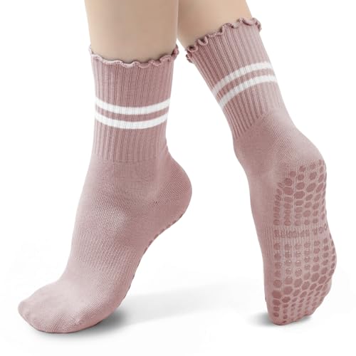 Image of American Trends Pilates Crew Socks for Women with Grips, Non Slip Ruffle Sock for Yoga Barre and Workout