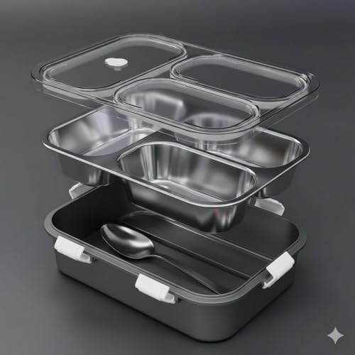 Image of Sanghariyat 3 Compartment Lunch Box Insulated Air Tight and Portable Utensils, Stainless Steel 100% Leak Proof with a Fork, a Spoon and a Pair of Chopsticks for School Kids -750Ml (Silver)