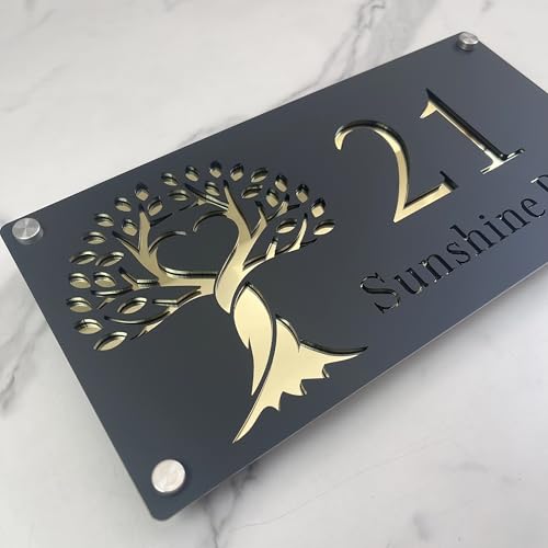 Numéro de maison 3D personnalisé arbre de vie - Plaque d'adresse moderne en acrylique | Décoration murale extérieure étanche | Plaque d'immatriculation de porte...