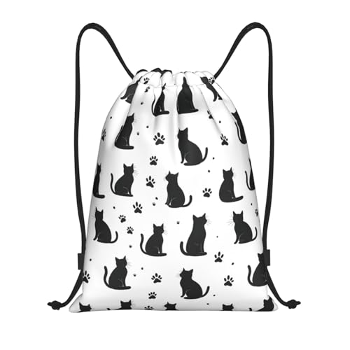 Drawstring Backpack - Black Cool Cat Paw Print Sports Gym Sackpack String Bag For Women Men, Lightweight Draw String Back Bag For Workout Travel