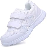 Vorgelen Turnschuhe Kinder Sneaker für Jungen Sportschuhe Mädchen Atmungsaktiv Leicht Laufschuhe Freizeit Klettverschluss Schuhe Weiß 31EU