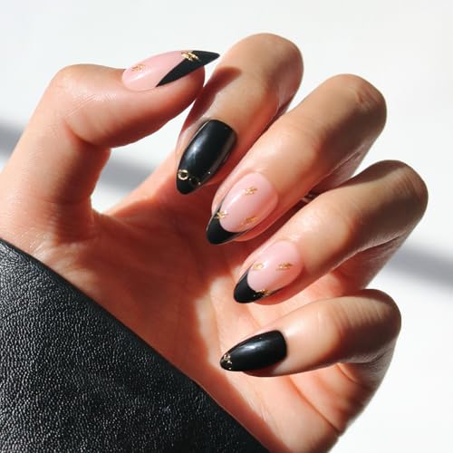 Glamnetic Press On Nails x Harry Potter - Harry Potter | Short Almond Fake Nails with Black French Tips Glasses & Hidden Lightning Details Officially Licensed | 15 Sizes - 30 Nail Kit with Glue