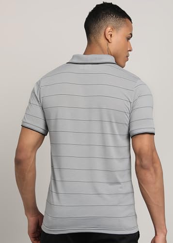 Image of INKKR Men Striped Polo Neck Cotton Blend T-Shirt