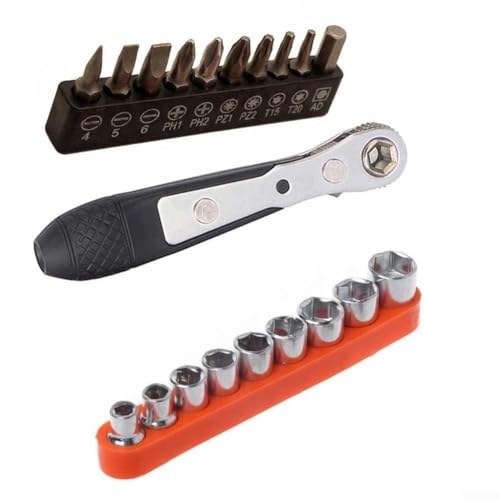 Jeu de tournevis à cliquet avec 9 douilles (5-13 mm) et 10 embouts, tournevis 1/4" pour têtes cruciformes T10/T20, kit d'outils compact en métal pour réparations mécaniques dans des espaces restreints