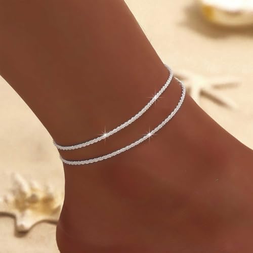 EULAPGOE Silber Fußkettchen Damen 925er Silber doppellagig verstellbar elegant Schmuck für Sommer Strand Alltag Geschenk für Frauen Mädchen