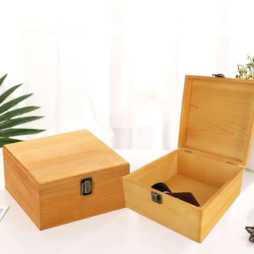 LOLYSIC 2 Pack Vintage Wooden Storage Box Container with Hinged Lid and Front Clasp, 7.7 x 7.7 x 4 Inch Handmade Wooden Box, Wooden Keepsake Boxes, Rustic Wood Boxes for Crafts Art Hobbies Decoratio - Thumbnail 4