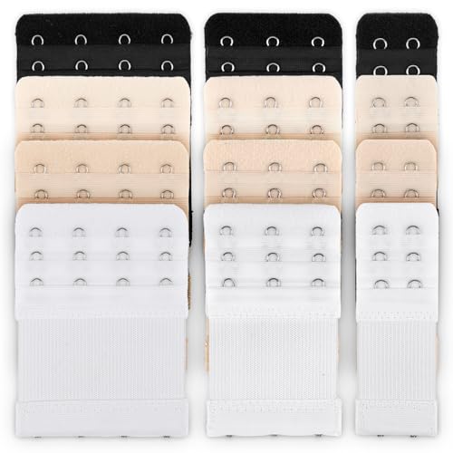 12 PCS Bra Extenders 2 Hook / 3 Hook / 4 Hook, Bra Strap Extender, Bra Extension Strap for Women Plus Size Soft and Comfortable (Black, White, Nude, Beige)