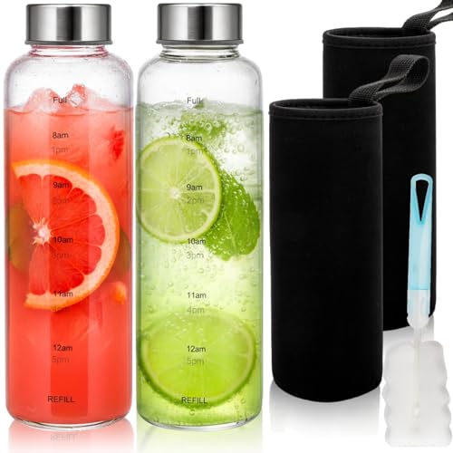 Pumtus 2 Pack Glass Water Bottles With Time Marker, 18 OZ Mo