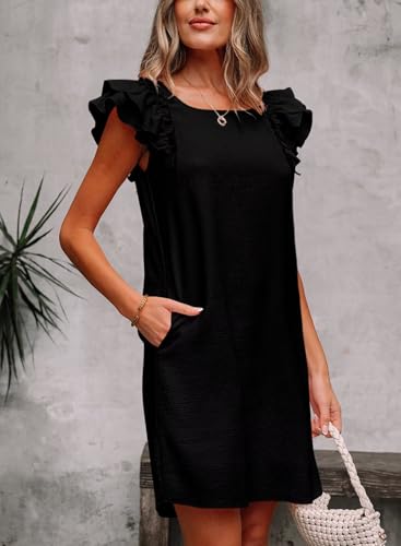 Image of Falechay Womens Summer Dresses Bow Tie Back Sundresses for Women Ruffle Short Sleeve Dress Casual Cute Sundress with Pockets