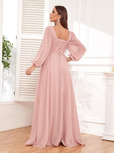 Long Sleeve Chiffon Bridesmaid Dresses for Women Long Ruched Empire Waist Wedding Formal Evening Gown2