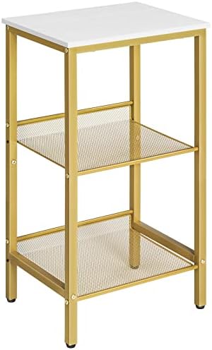 HOOBRO Side Table, 3-Tier End Telephone Table with Adjustable Mesh Shelves, for Living Room Bedroom Hallway, Modern Look Accent Table, Narrow and Tall, Easy Assembly, Gold and White DW01DH01G1