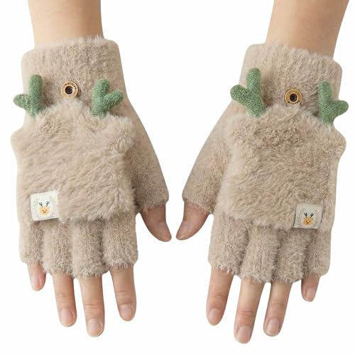 Image of Kraptick Women's Cute Reindeer Plush Convertible Fingerless Gloves - Winter Warm Fluffy Flip-Top Mittens - Korean Style Soft Hand Warmers for Girls & Ladies (Free Size, White)-3