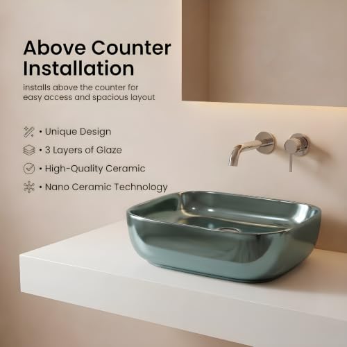 Image of VENICE Bathroom Vanity Sink Countertop Stylish & Durable Ceramic Tabletop Wash Basin Rectangular Vessel Bowl Metallic Pista Glossy Finish