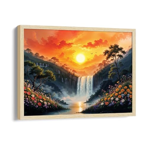 Image of ArtX Canvas Rising Sun Painting For Vastu, Big Size Wall Art, Waterfall Painting Vastu, Rising Sun Wall Decor, Multicolor, Nature, 61.0 X 48.0 cm, Set of 1