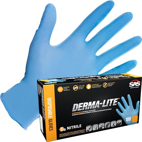 Derma-Lite Powdered Nitrile Disposable Gloves - Medium. 5 Mil Thickness. Chemical and Puncture Resistant. Lightly Textured. Non-Latex. Single-Use Only (6607)