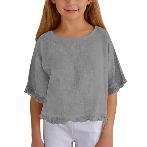 Kids White Tee Shirts Pack Cotton and Linen Five Point Sleeves Girls' Solid Color Casual Tops Grey T Shirts for Girls