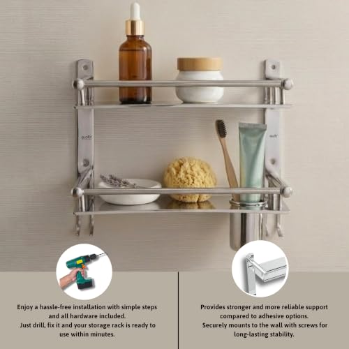Image of GLOXY Premium 2 Tier Bathroom Stainless Steel Shelf with Toothbrush Holder, Soap Dish - Chrome Finish Wall Mounted 2 Layer Shelf with Multipurpose Hooks for Bathroom - Home Decor Bathroom Accessories