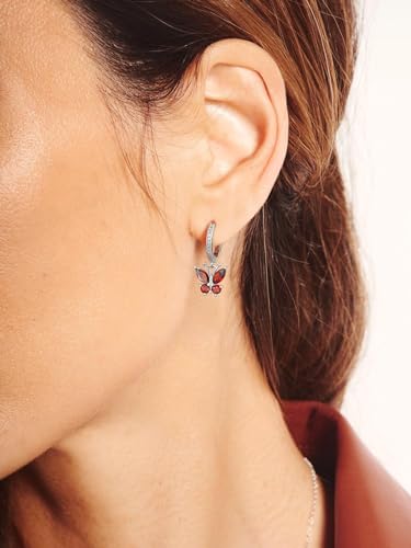 Silvercute SCE6787B-7 Silver Hoop Earrings Butterfly - Sterling Silver July Birthstone Butterfly Dangle Earrings, Silver Huggie Hoops With Ruby Red Butterfly Cute Earrings thumb #2